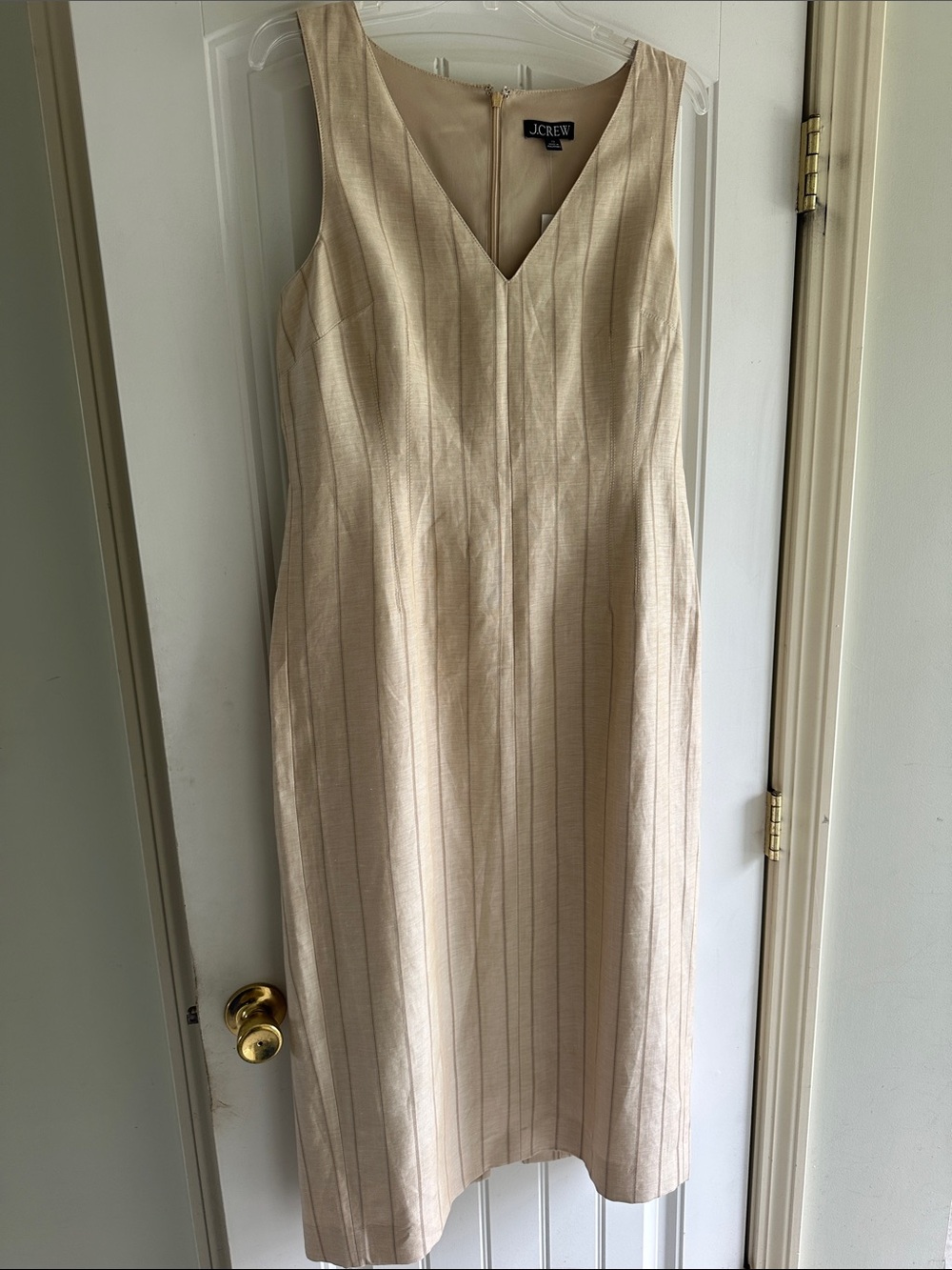 J. Crew Cream/Tan/Beige Striped Sleeveless V-Neck Midi Dress NWT Size 12